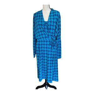 Calvin Klein Womens Blue Green Black Print Long Sleeve Tie-Front Dress Sz XL